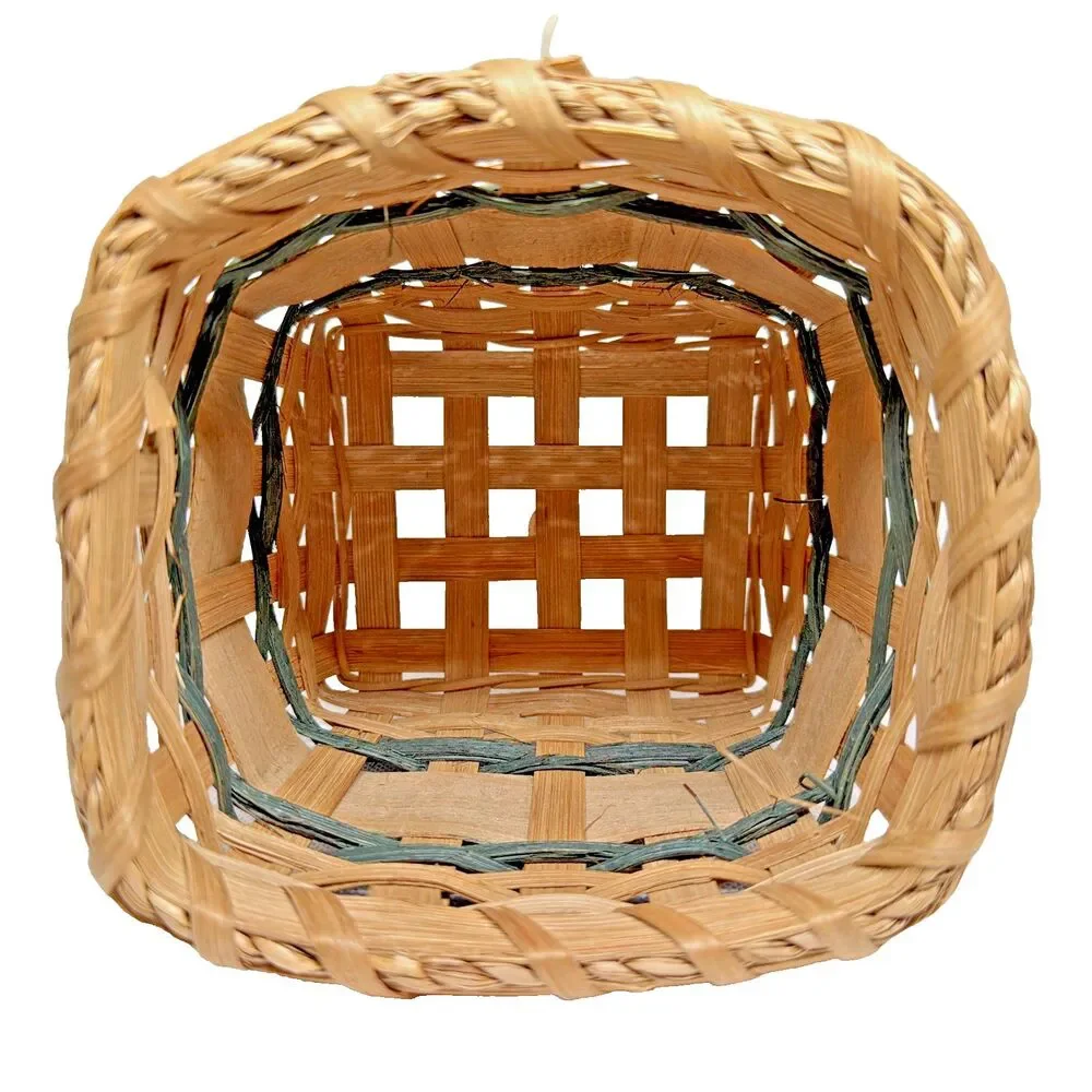 Vintage Hand-Woven Splint Wood Holiday Basket - Hand-Painted Christmas Trees